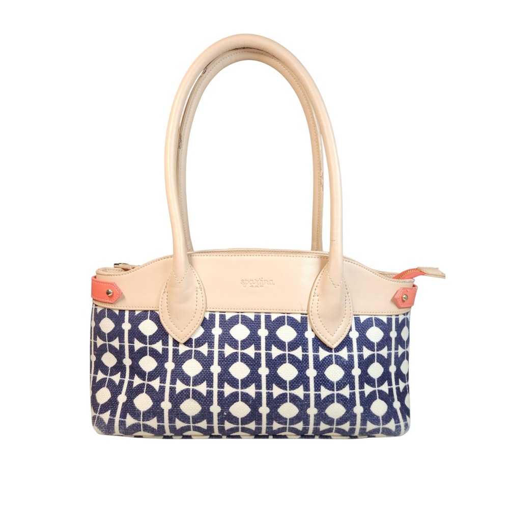 Spartina 449 Hilton Head Linen Leather Shoulder Bag Navy Coral Trellis Satchel‎